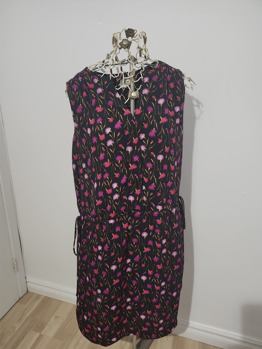 Women’s Black Floral Sleeveless Dress with Pink Accents